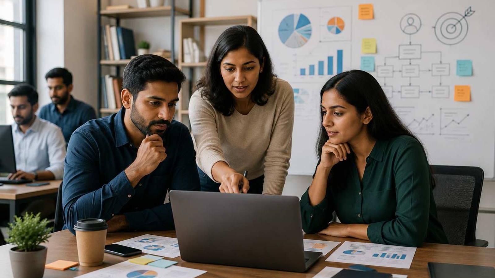 What is Product marketing team collaborating on B2B SaaS and startup go-to-market strategy with analytics, laptops, and planning documents in a modern office.