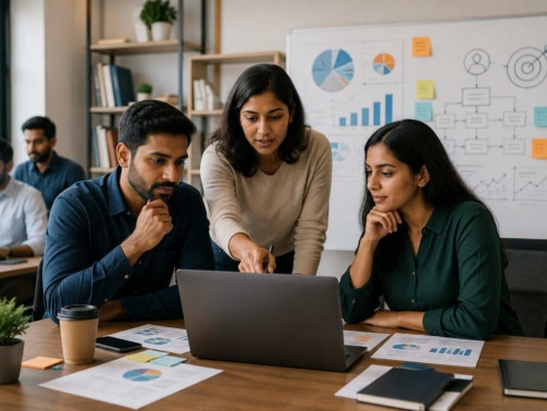 What is Product marketing team collaborating on B2B SaaS and startup go-to-market strategy with analytics, laptops, and planning documents in a modern office.