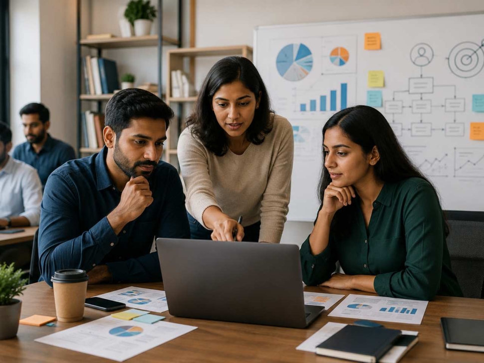 What is Product marketing team collaborating on B2B SaaS and startup go-to-market strategy with analytics, laptops, and planning documents in a modern office.