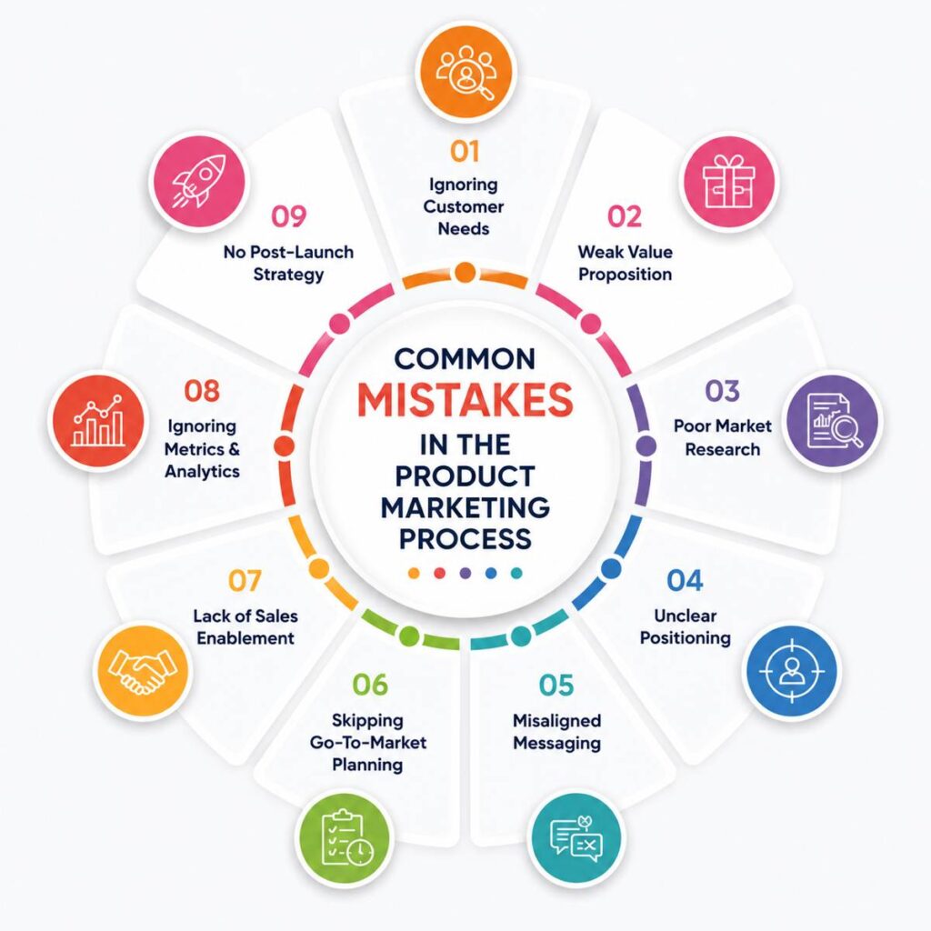 Common Mistakes in the Product Marketing Process infographic illustrating key pitfalls such as poor market research, weak positioning, misaligned messaging, skipped go-to-market planning, lack of sales enablement, and ignoring analytics.