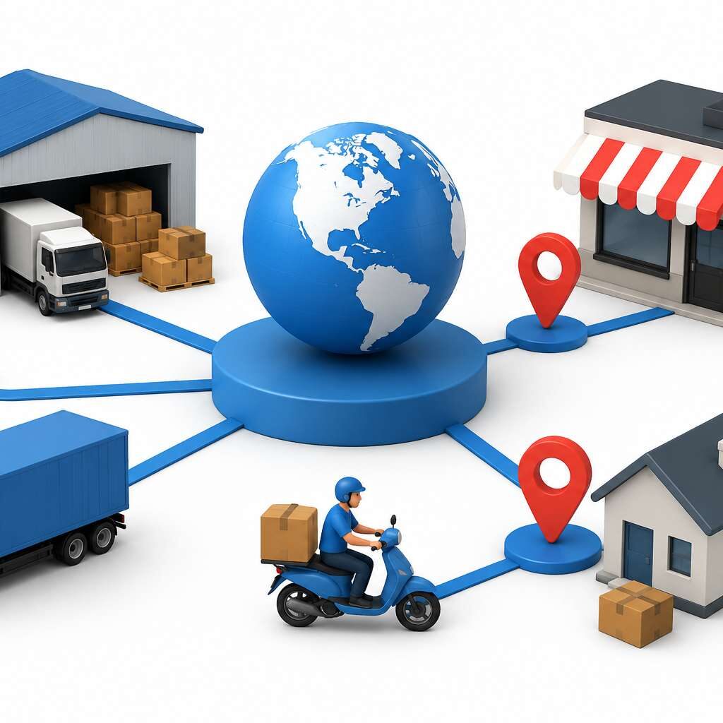 3D illustration of distribution channels and supply chain network with warehouse, trucks, store, delivery scooter, and global logistics connections.