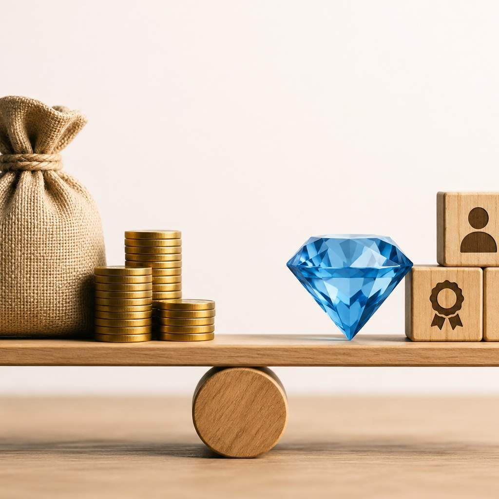 3D illustration showing value and monetization strategy with money bag, coins, diamond, and customer value icons symbolizing pricing and profitability.