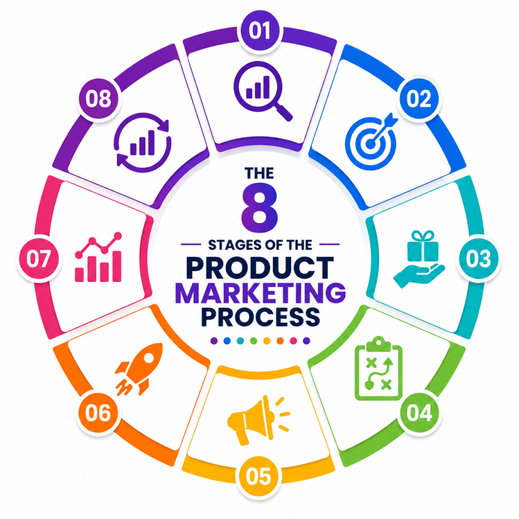 The 8 Stages of the Product Marketing Process infographic showing a circular workflow with eight colorful stages, including market research, positioning, target audience, value proposition, go-to-market strategy, product launch, performance tracking, and optimization.