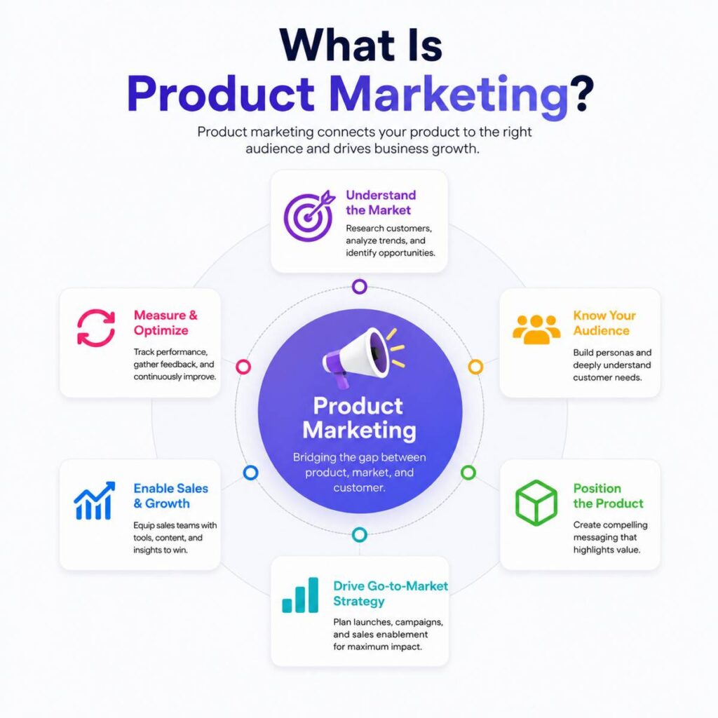 What Is Product Marketing infographic illustrating market research, audience analysis, product positioning, go-to-market strategy, sales enablement, and performance optimization in a clean visual layout.