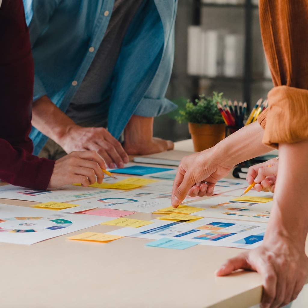 Product Marketing Process team collaborating around a table with charts, sticky notes, and planning documents during a real-world strategy session.