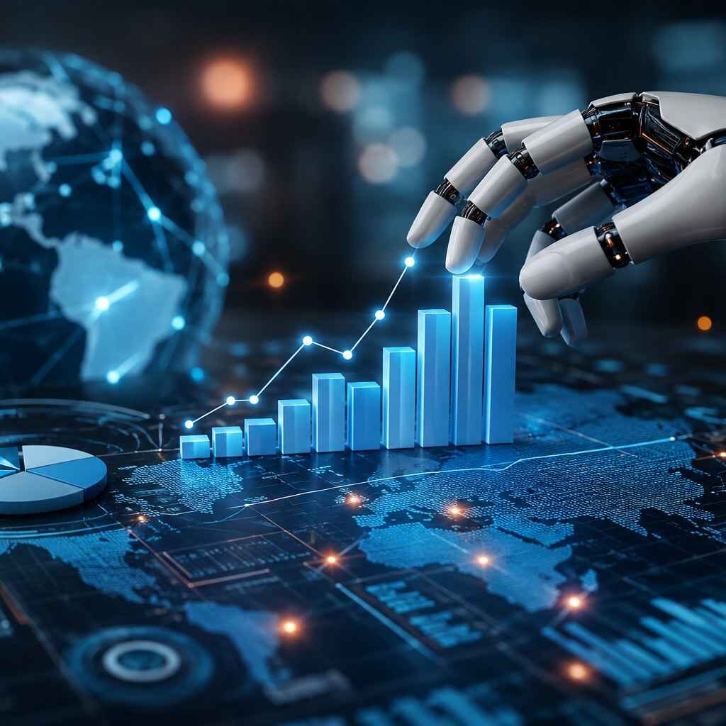 "AI-powered market sizing analysis dashboard with robotic automation, predictive analytics, global market data visualization, and interactive business intelligence charts."