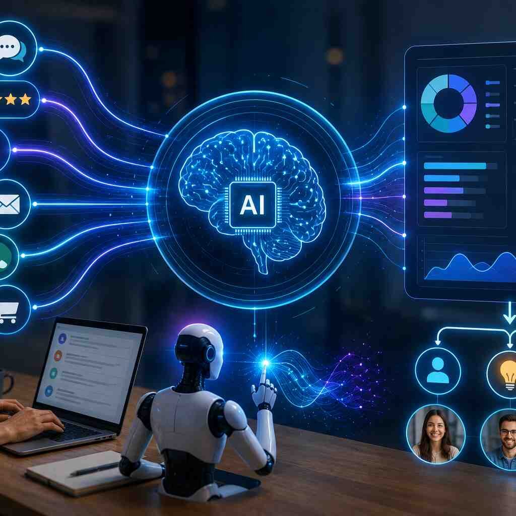 AI-powered Voice of Customer research illustrating automated customer feedback analysis, sentiment analysis, customer insights, and predictive analytics for smarter business decisions.