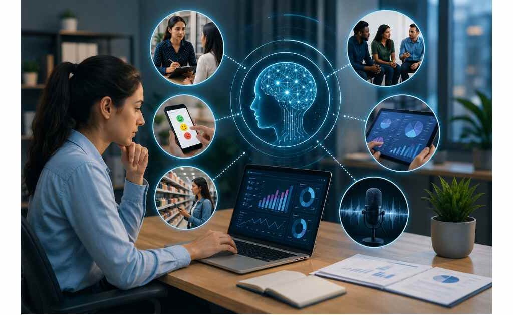 AI in primary market research illustration showing artificial intelligence analyzing customer interviews, surveys, focus groups, sentiment analysis, and real-time research data to generate actionable business insights.