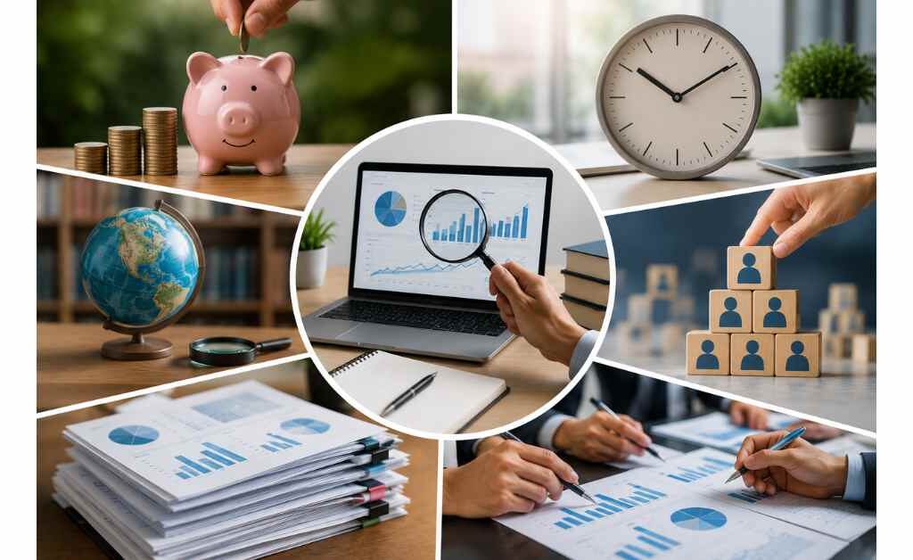 Collage illustrating the advantages of secondary market research, including cost savings, faster data collection, access to reliable published sources, broad market insights, and informed business decision-making.
