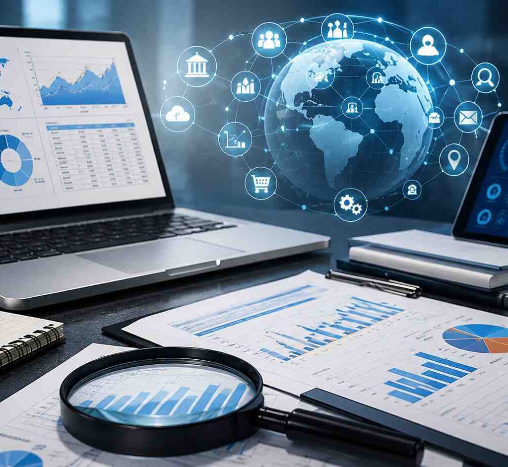 "Business analyst using multiple market data sources including dashboards, global analytics, financial reports, and digital research tools for accurate market trends analysis."