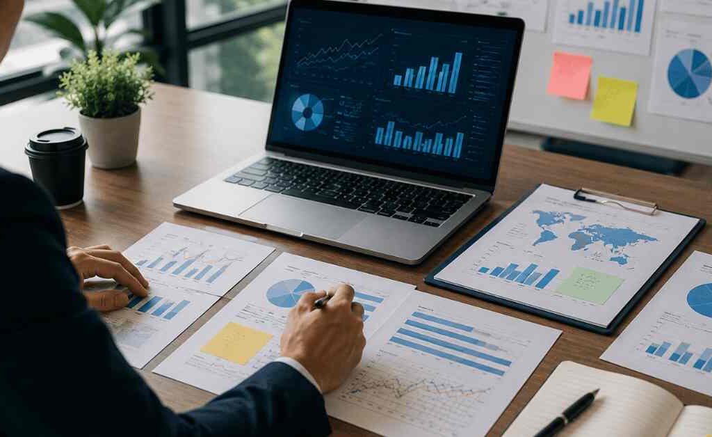 "Business professional reviewing market data, analytics dashboards, and research reports, demonstrating best practices for effective market trends analysis and strategic decision-making."