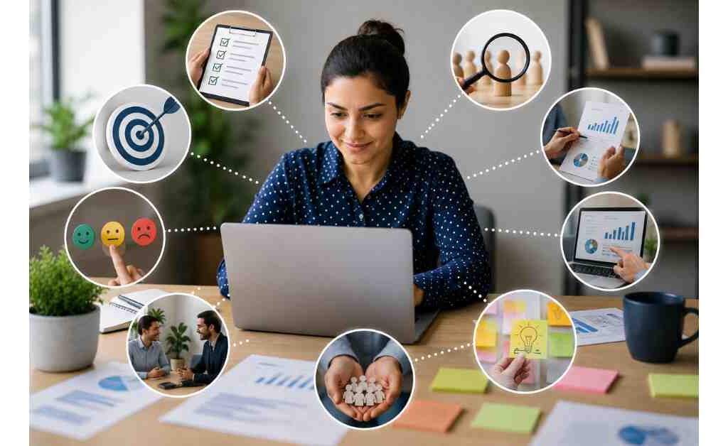 Best practices for successful voice of customer research showing customer feedback collection, survey planning, data analysis, customer interviews, insight generation, and continuous experience improvement.