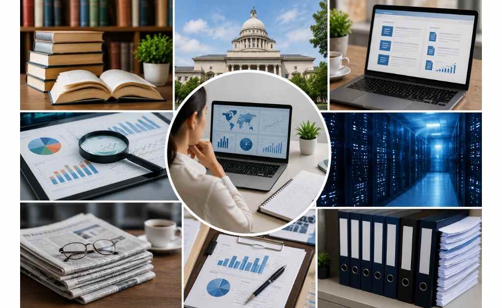 Professional researcher using trusted secondary market research sources, including government data, industry reports, academic publications, online databases, company records, news articles, and market analytics to gather business insights.
