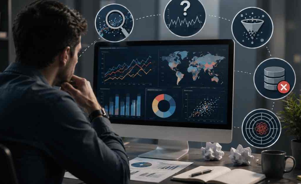 "Business analyst facing common challenges in market trends analysis while reviewing complex dashboards, market data, and uncertain business insights to make strategic decisions."