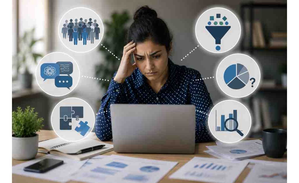 Professional analyzing customer feedback while facing common voice of customer research challenges such as low response rates, scattered data, biased feedback, and complex customer insight analysis.