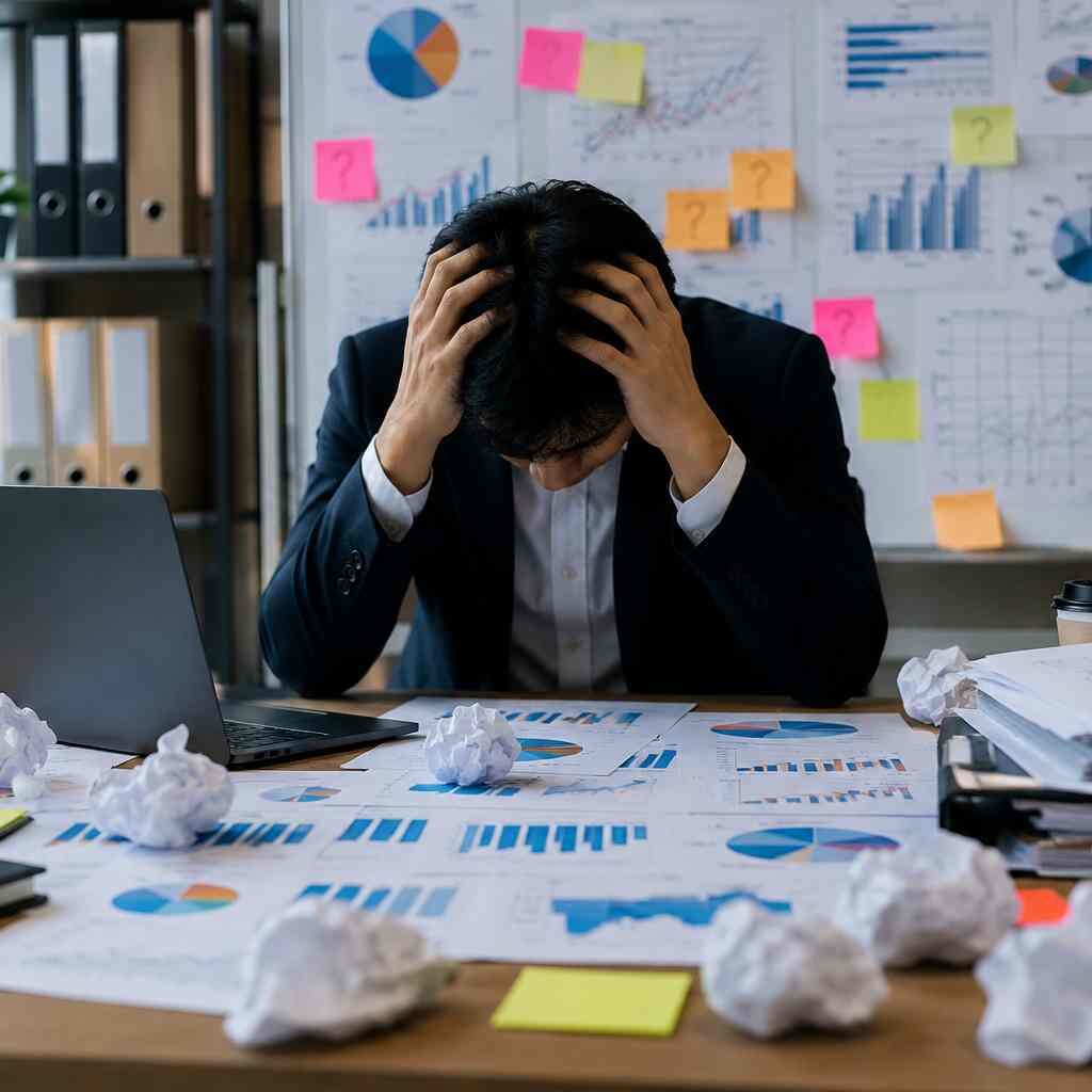 Business analyst overwhelmed by inaccurate reports and cluttered market data, illustrating common market trends analysis mistakes that lead to poor business decisions.