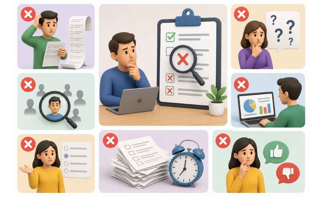 Illustration highlighting common survey research mistakes such as poor questionnaire design, biased sampling, low response rates, unclear questions, inaccurate data analysis, and invalid research results.