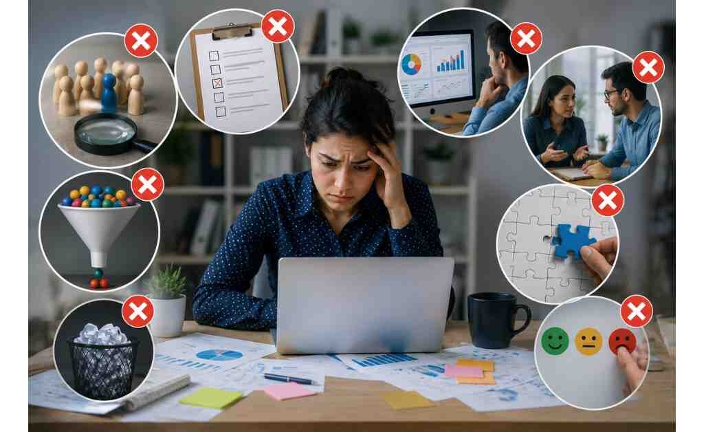 "Illustration of common Voice of Customer research mistakes, including poor survey design, biased feedback collection, incomplete data analysis, and ineffective customer insight practices."