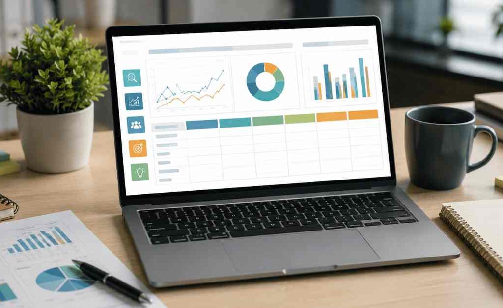 "Market trends analysis template displayed on a laptop with charts, dashboards, and business planning documents for organizing market research and strategic decision-making."