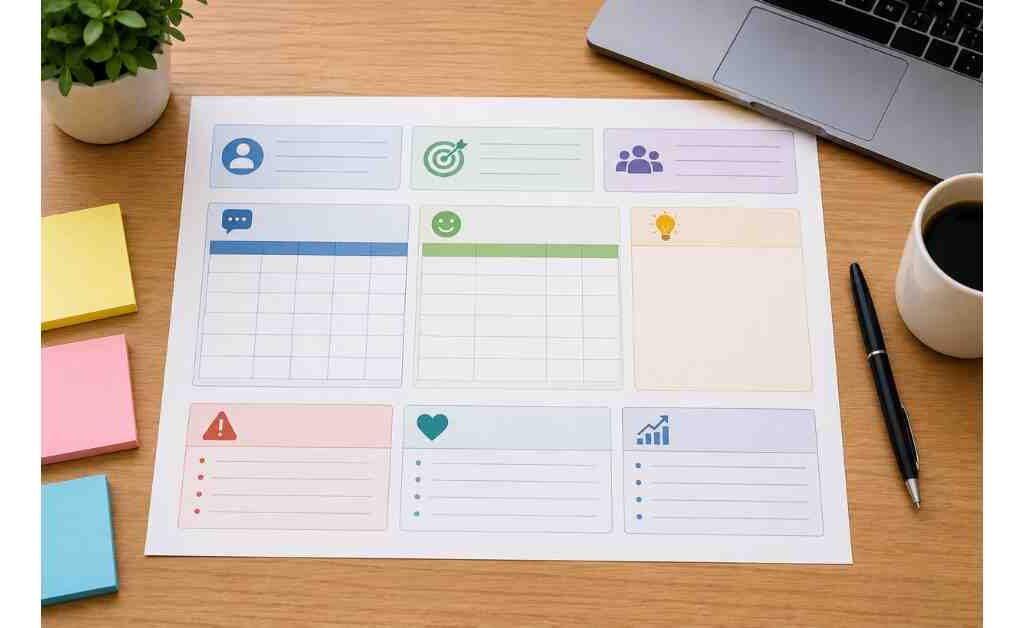 Free voice of customer research template with customer feedback sections, survey planning, insight tracking, and analysis fields for organizing Voice of Customer (VoC) research.