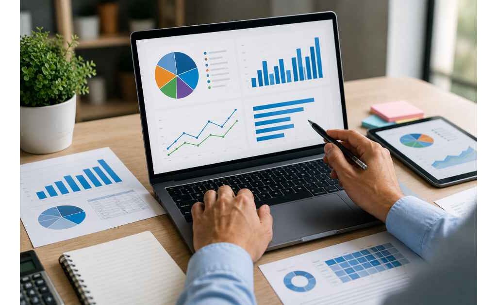 "Survey data analysis process showing statistical charts, graphs, response visualization, data interpretation, and insights generation from survey research results."