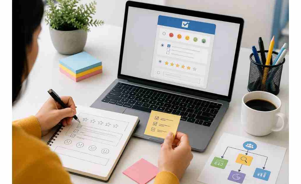 Professional creating an effective survey on a laptop, planning clear questions, response options, and survey structure to improve data quality and participant engagement.