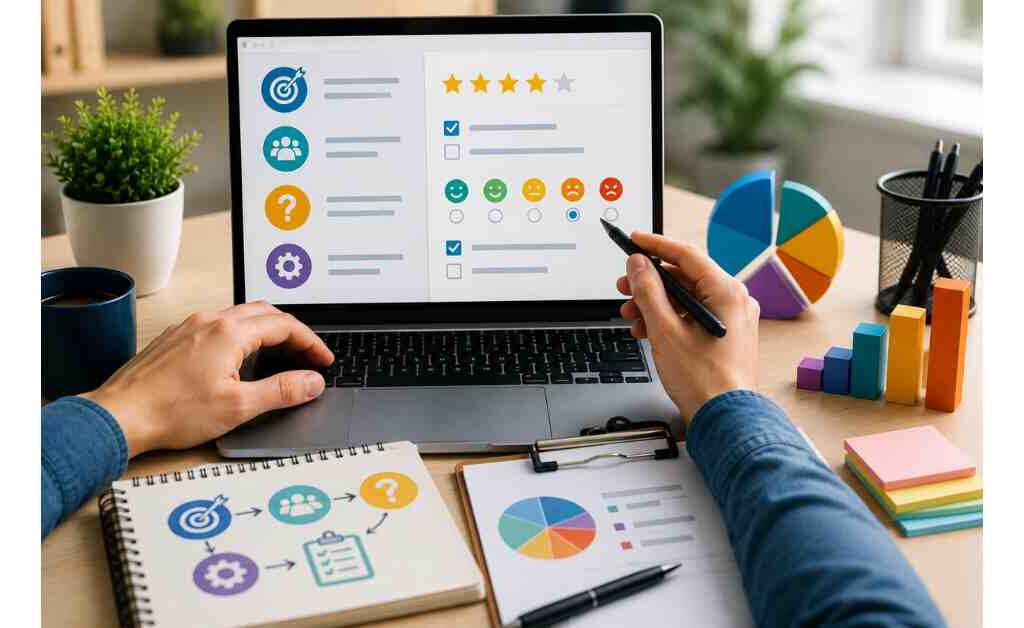 "Survey design process showing questionnaire creation, question formatting, response options, target audience planning, and best practices for designing an effective survey.