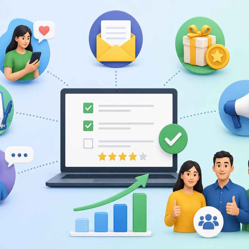 **SEO-optimized alt text:**
Illustration showing strategies to increase survey response rates through clear questionnaires, personalized invitations, reminders, incentives, mobile-friendly surveys, and customer engagement.