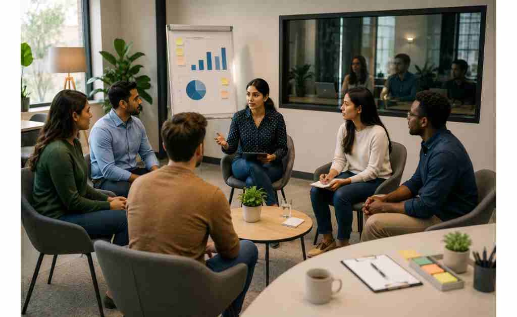 Professional focus group discussion led by a moderator with diverse participants sharing opinions and feedback during a primary market research session to gather qualitative customer insights.