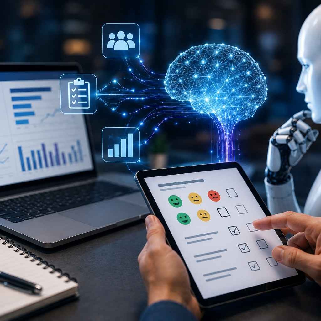 AI-powered survey research illustrating automated survey analysis, intelligent questionnaire design, sentiment analysis, real-time data processing, and predictive research insights.