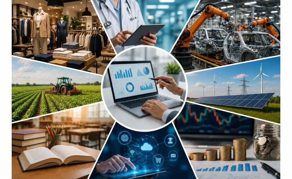 Collage illustrating industry-specific applications of market research across healthcare, retail, finance, manufacturing, technology, education, agriculture, and energy, highlighting data-driven decision-making in different sectors.