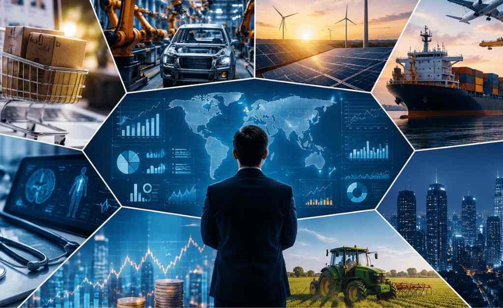 "Industry-specific market trends analysis across healthcare, retail, manufacturing, finance, agriculture, logistics, energy, and technology using business intelligence and data analytics."