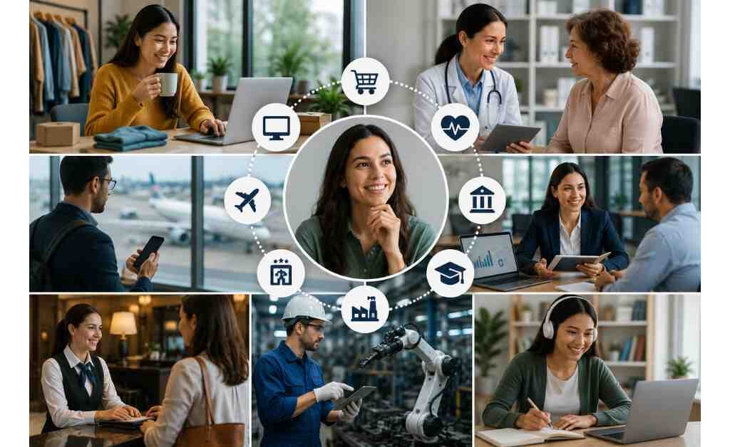 "Industry-specific Voice of Customer research showing customer feedback collection and analysis across healthcare, retail, finance, manufacturing, hospitality, education, travel, and technology sectors."