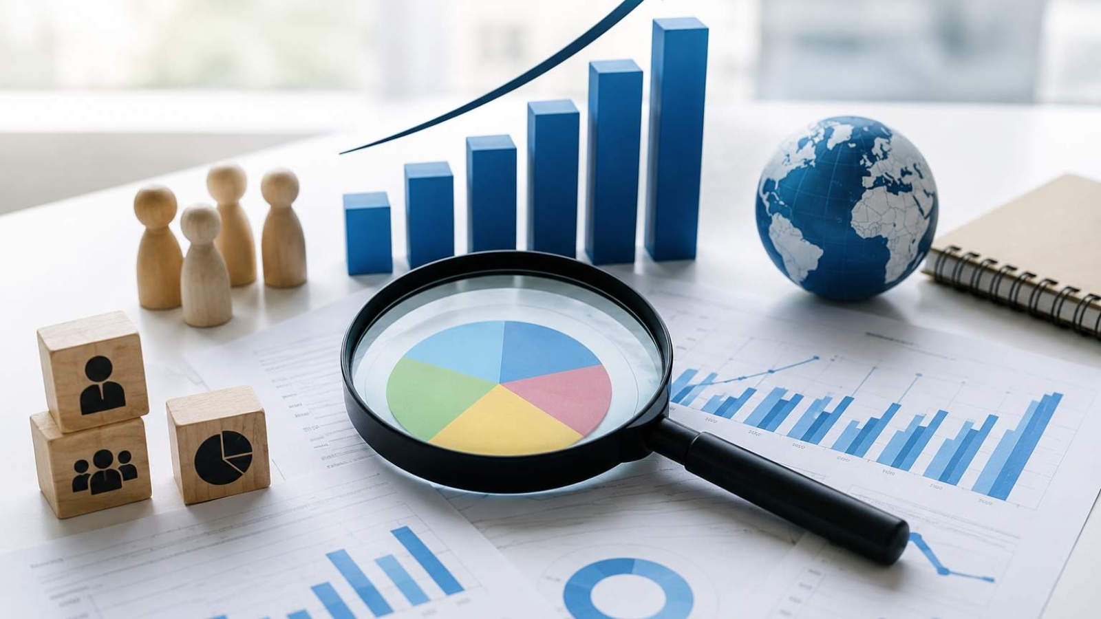 Market research analytics with charts, graphs, customer insights, and competitor analysis.