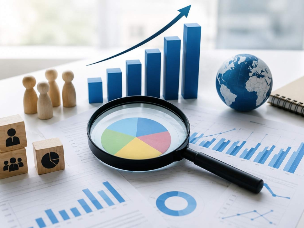Market research analytics with charts, graphs, customer insights, and competitor analysis.
