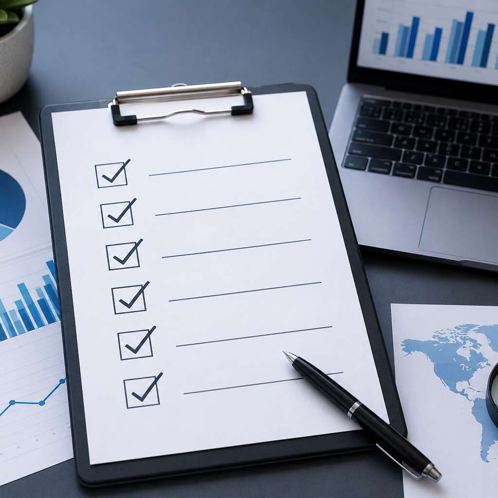 "Market sizing analysis checklist on a clipboard with business analytics charts, financial reports, and laptop displaying market research data in a modern workspace."