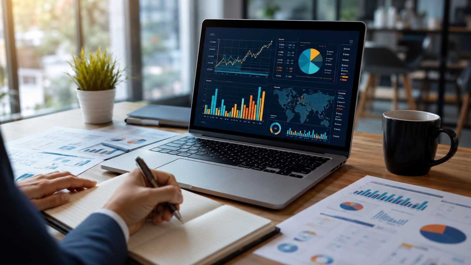 "Market trends analysis showing a business professional analyzing charts, dashboards, and market data to identify emerging trends, forecast demand, and make strategic business decisions."