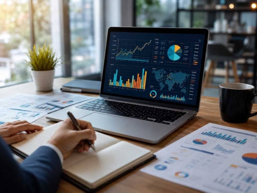 "Market trends analysis showing a business professional analyzing charts, dashboards, and market data to identify emerging trends, forecast demand, and make strategic business decisions."