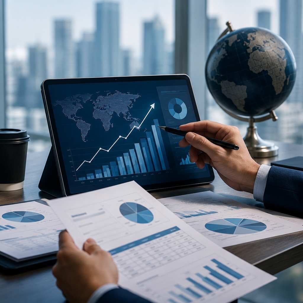 "Business professional analyzing market trends with interactive dashboards, financial reports, and growth charts to support strategic business decision-making and market analysis."