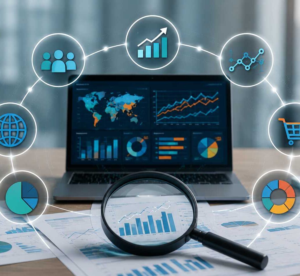 "Business dashboard displaying key market trends analysis metrics, including growth charts, customer insights, sales performance, and data visualization for strategic business decisions."