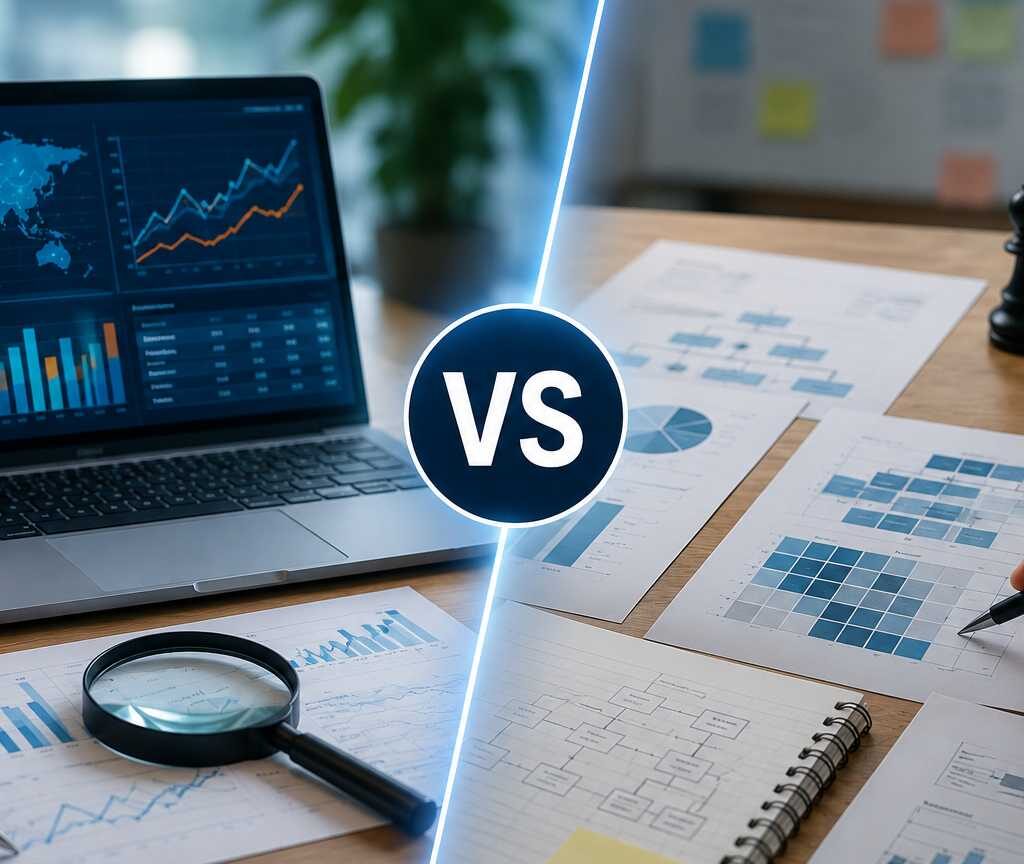 "Comparison of market trends analysis with other business analysis methods using dashboards, charts, and strategic planning tools to support data-driven business decisions."