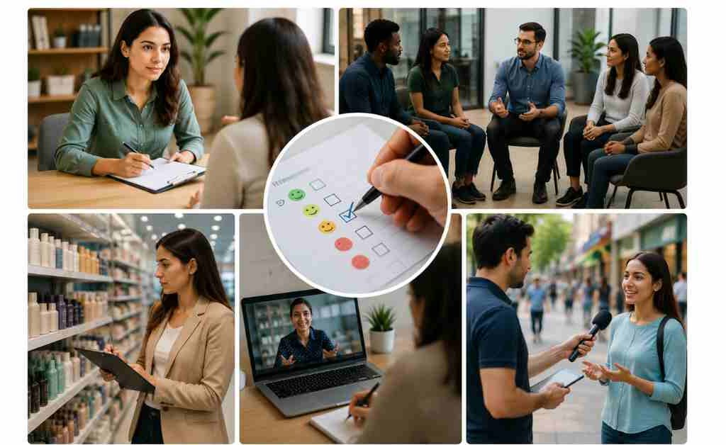 Primary market research examples including customer interviews, surveys, focus groups, product testing, in-store observations, and online research used to gather first-hand customer insights.