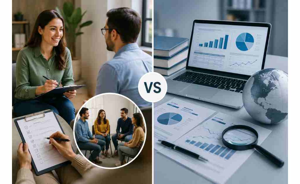 Comparison of primary market research and secondary market research showing customer interviews, surveys, focus groups, and direct data collection versus existing reports, industry data, and desk research analysis.