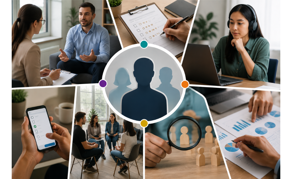Illustration of primary research methods for buyer persona research including customer interviews, surveys, focus groups, observations, one-on-one conversations, and data analysis to build accurate buyer personas.