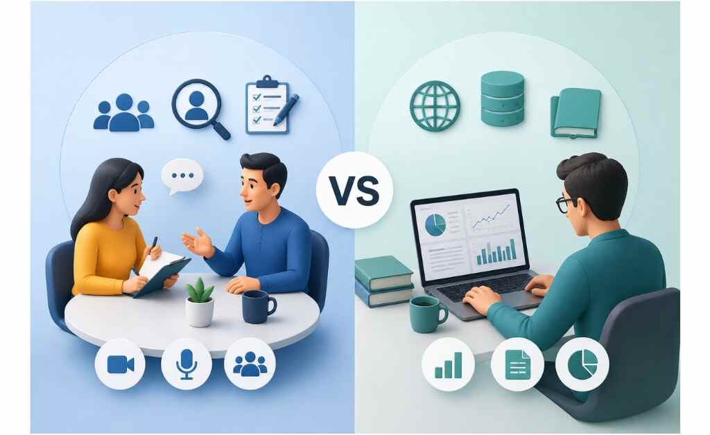 Split-view illustration comparing primary and secondary market research, showing customer interviews and surveys alongside analysis of existing reports, databases, and market data to highlight the differences between both research methods.