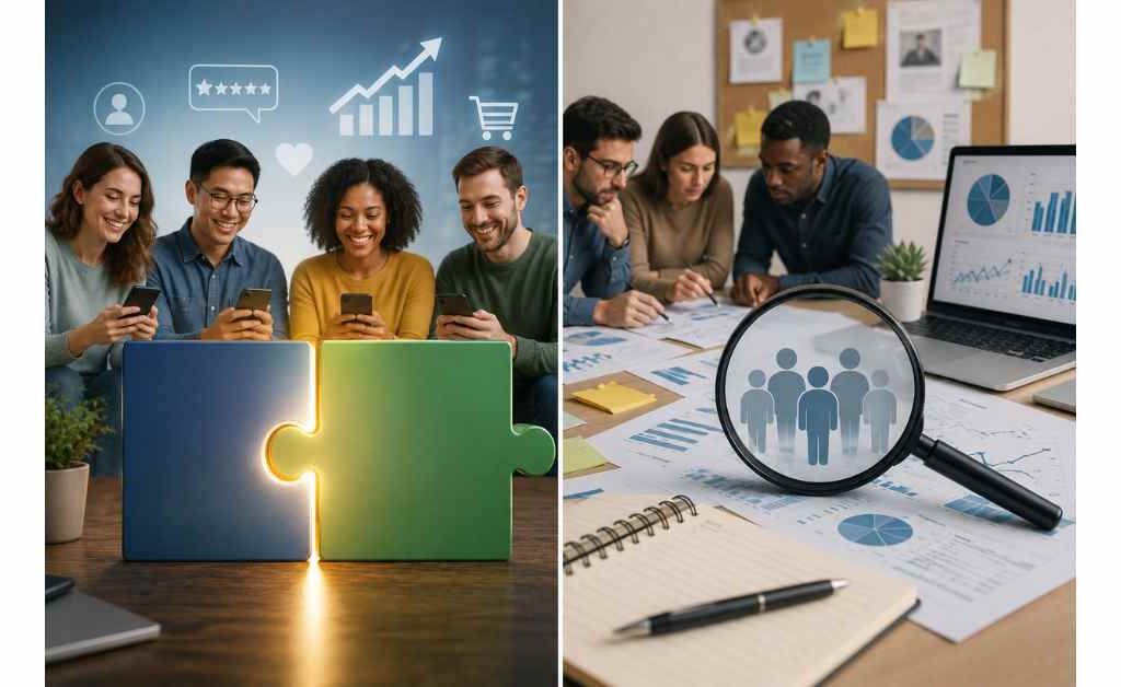 Split illustration comparing product-market fit and product-market fit research, showing successful customer adoption on one side and customer research, market validation, and data analysis on the other to highlight the difference between achieving fit and researching it.