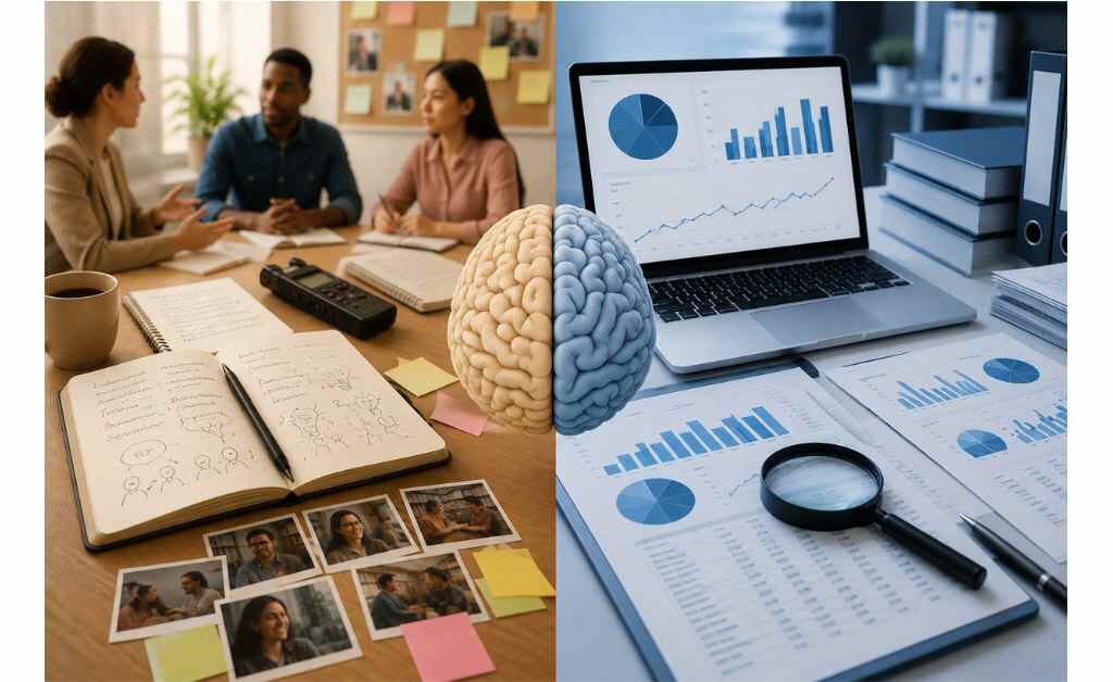Split illustration comparing qualitative and quantitative secondary research, showing analysis of written reports, interviews, and case studies alongside statistical data, charts, graphs, and numerical datasets.