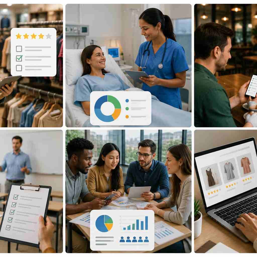 Real-world survey research case studies across healthcare, retail, education, hospitality, and e-commerce demonstrating how surveys collect customer feedback, measure satisfaction, and improve business decisions.