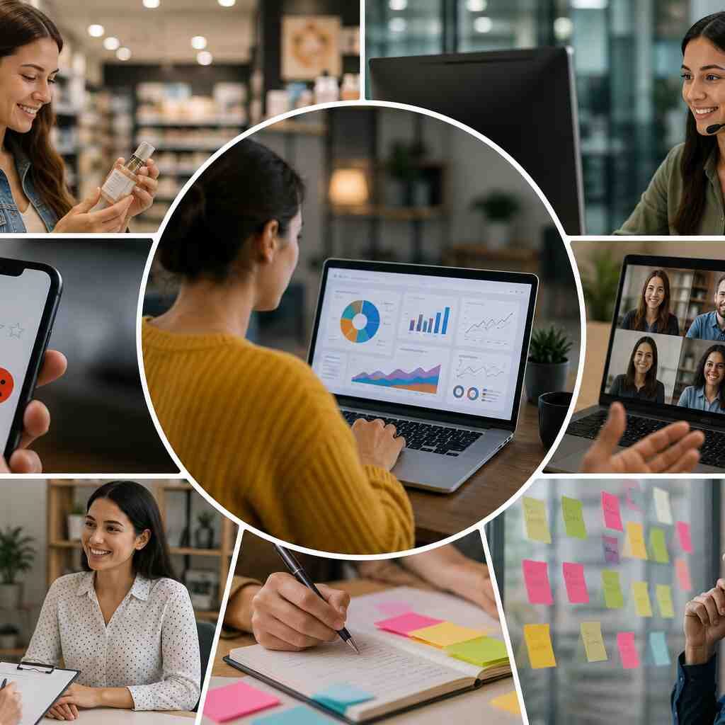"Real-world Voice of Customer research examples showing customer interviews, product feedback, surveys, support interactions, online reviews, and customer data analysis across different industries."