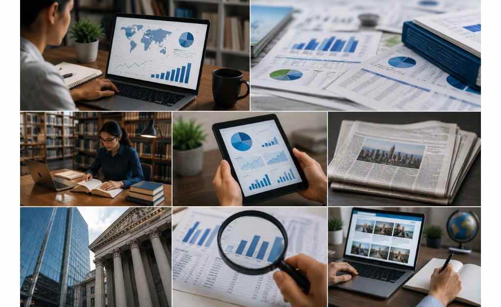 Secondary market research examples including industry reports, government publications, company reports, market databases, academic journals, news articles, and online data sources used for business research and market analysis.